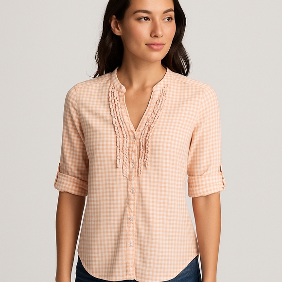 LC Lauren Conrad Peach Gingham Ruffle Button Down Blouse Women’s Medium Cotton - Picture 1 of 11